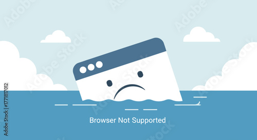 Tilted web browser window sinking in water with "Browser Not Supported" message, indicating a software error.