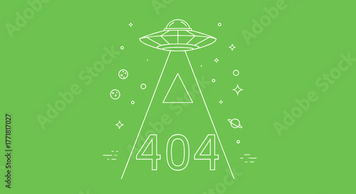Outline UFO beaming down a triangle containing a "404" error code, symbolizing a page not found.