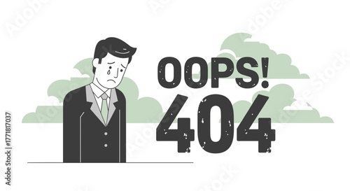 Crying businessman next to "Oops! 404" error message, depicting a page not found or website failure.