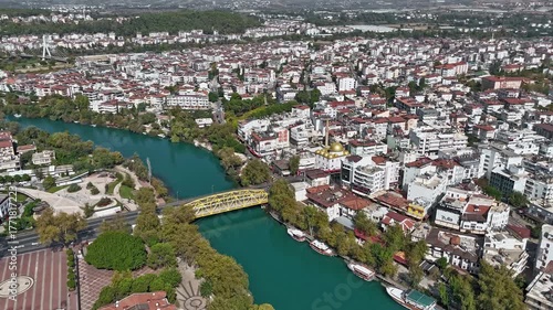 Hyperlapse of Manavgat town, Manavgat River, Old Bridge. Antalya region, Turkey. High quality footage in 4k format