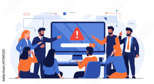 Business professionals analyzing a computer screen displaying an error and search bar, troubleshooting a digital problem.