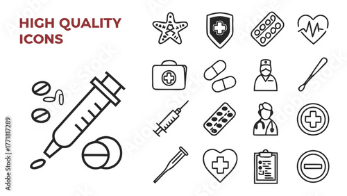 Medical icons syringe pills doctor stethoscope cardiology heart rate medical kit