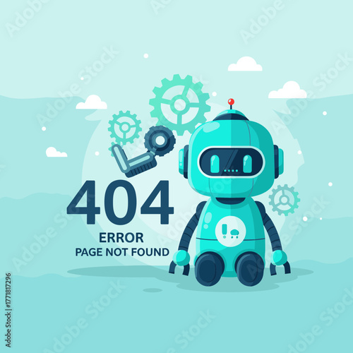 Adorable robot with gears sitting next to "404 Error Page Not Found" text, depicting a website or system issue.