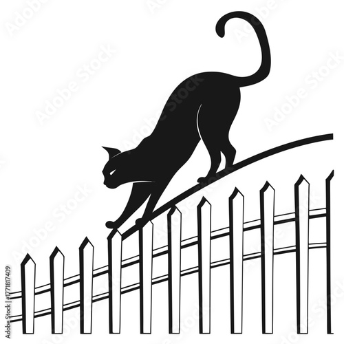Black cat silhouette stretching on a fence