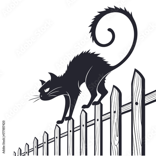 Black cat silhouette arched back on a fence