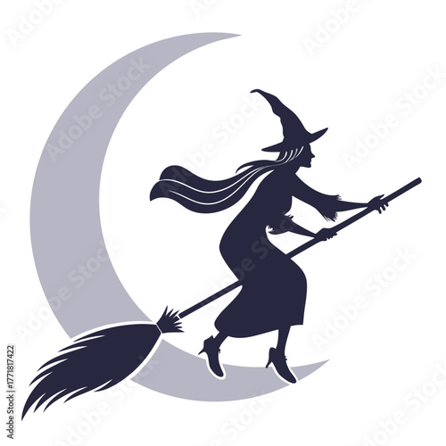 Silhouette of a witch flying on a broomstick in front of the moon