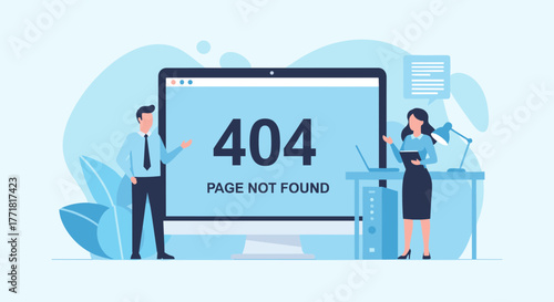 Business professionals presenting next to a large monitor displaying a "404 Page Not Found" error, explaining a web issue.