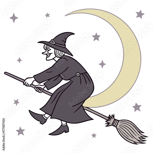 Cartoon witch flying on a broomstick in front of the moon and stars