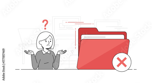 Confused woman with a question mark next to a red folder with an "X", symbolizing a problem with data access or a lost file.
