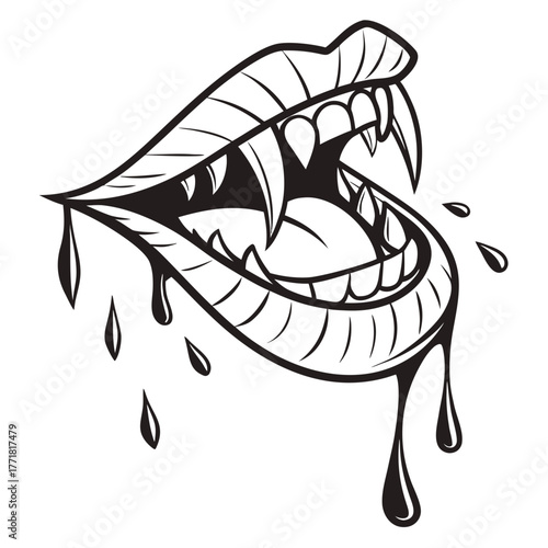 Open vampire mouth with fangs and blood dripping