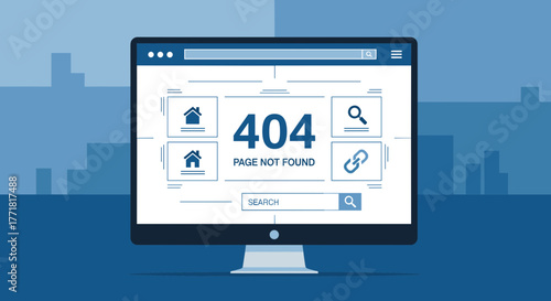 404 Page Not Found Error on Computer Monitor with Website Interface and City Background