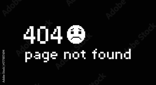 Horizontal Pixel Art "404 Page Not Found" Error Message with Sad Emoji on Black Background
