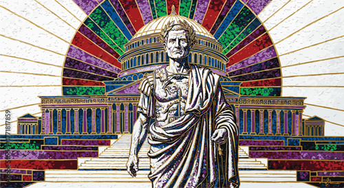 Illustration of ancient Roman emperor standing in front of a grand building with a semicircular stained glass window