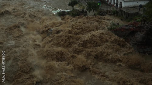Flooded Nepals  Chobar Gorge: Swift Flow of Bagmati River After Heavy Rainfall