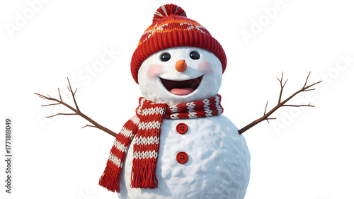 Happy snowman wearing a red hat and scarf isolated on transparent background