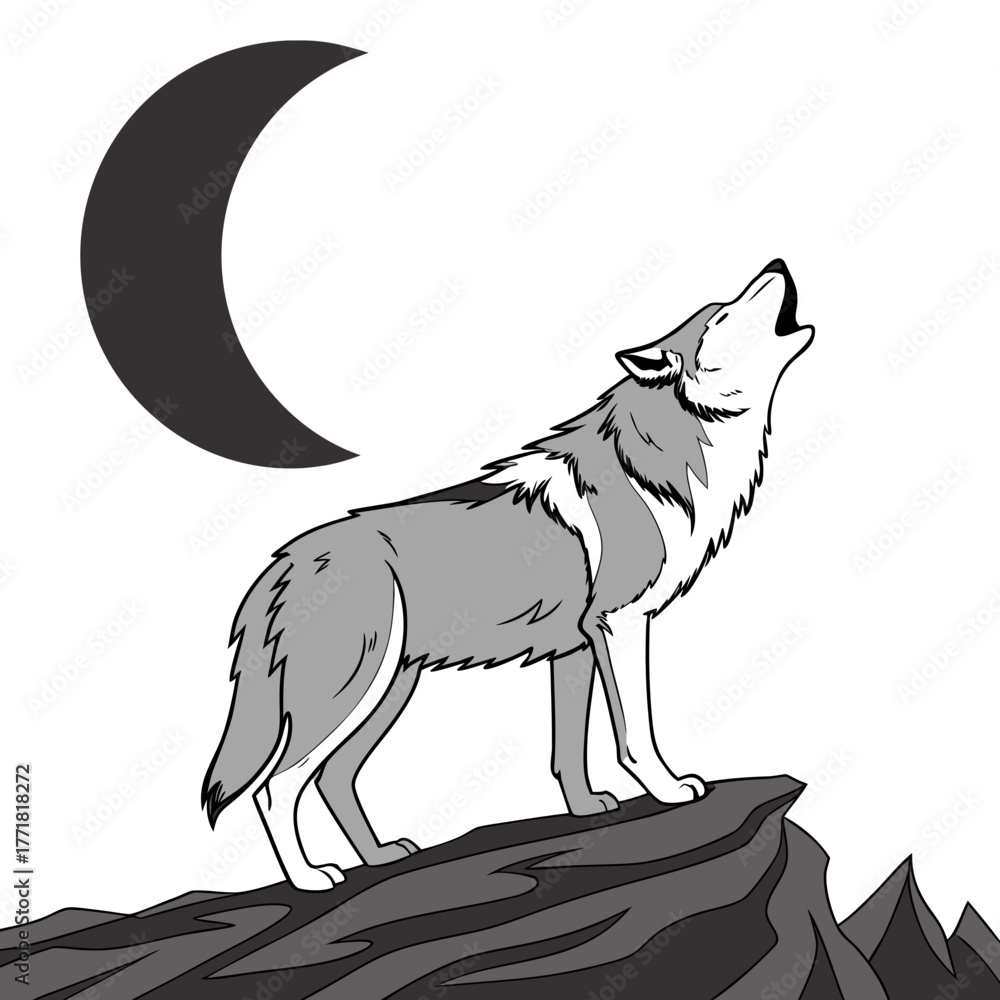 Obraz premium Wolf howling at the moon on a rock