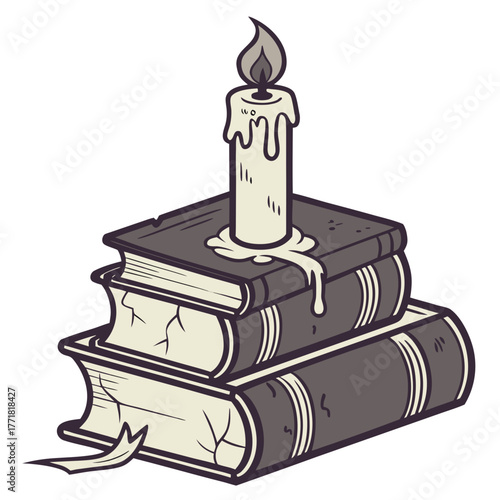 Stack of old books with burning candle for magic