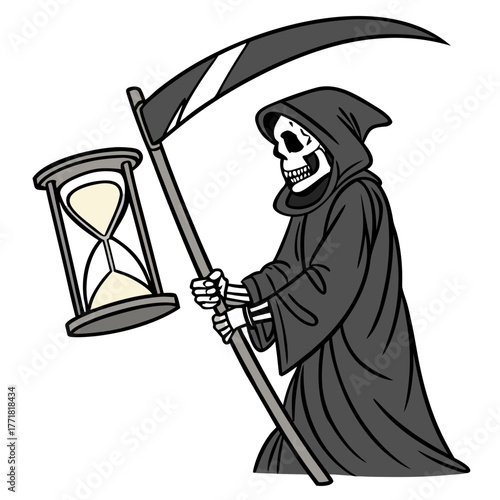 Cartoon grim reaper holding scythe and hourglass