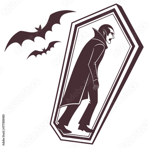A vampire is in a coffin with bats