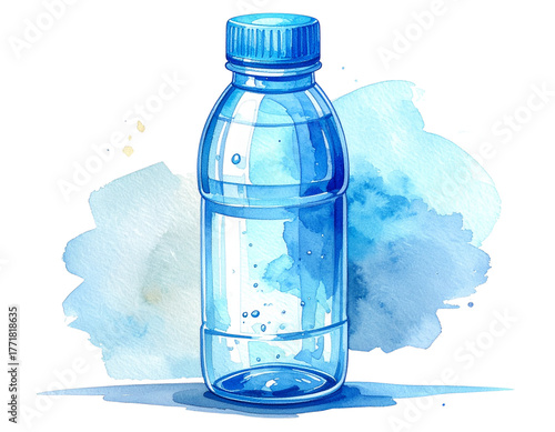 Realistic Plastic Water Bottle with Blue Cap, Front View, Transparent Background, Vector Illustration