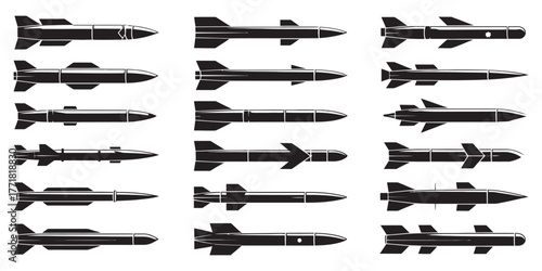 Black and white vector collection of fifteen military missile and rocket designs