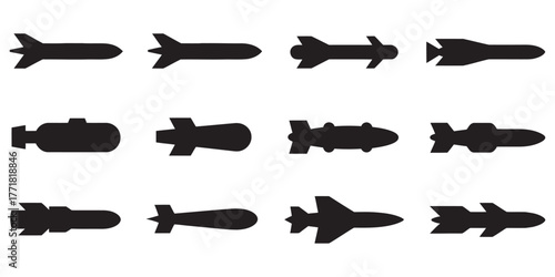 Set of Military Projectiles and Missiles in Black and White