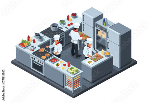 Obraz na plátně Isometric 3D flat vector of kitchen with chefs cooking and plating food, teamwor