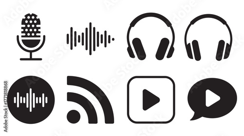 A set of black and white vector icons for audio, media, and podcasting