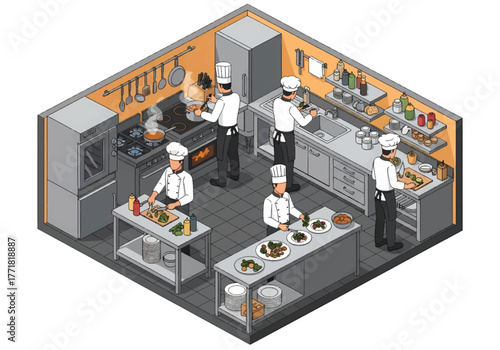 Isometric 3D flat vector of kitchen with chefs cooking and plating food, teamwork and gastronomy theme