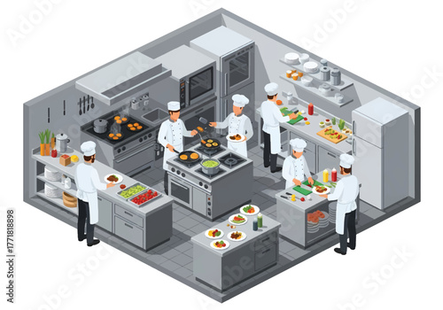 Isometric 3D flat vector of kitchen with chefs cooking and plating food, teamwork and gastronomy theme