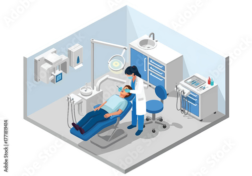 Isometric 3D flat vector of dental clinic with dentist and patient, hygiene and healthcare service illustration