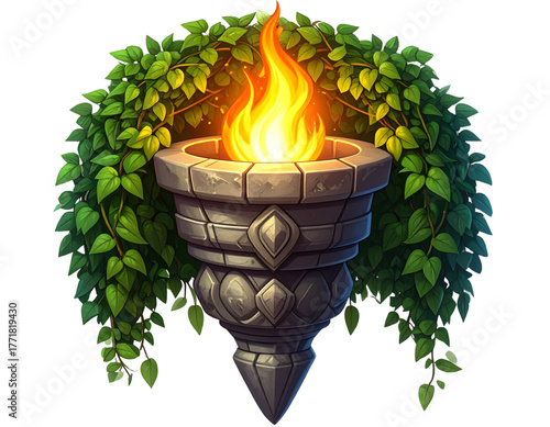 Enchanted Stone Torch with Ivy and Glowing Flame, Front View, Fantasy Architectural Element, Isolated