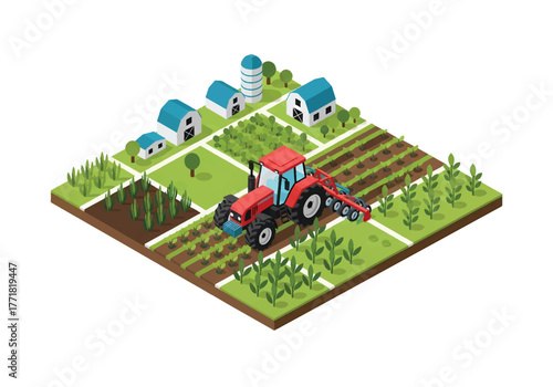 Isometric flat vector of smart farming scene with tractor, crops, modern agriculture and innovation concept