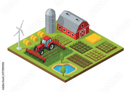 Isometric flat vector of smart farming scene with tractor, crops, modern agriculture and innovation concept