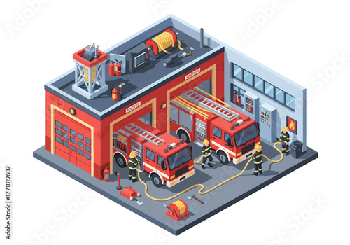 Isometric 3D vector of fire station with firefighters, fire trucks, and rescue equipment, emergency and safety response theme