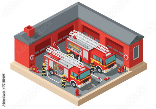 Isometric 3D vector of fire station with firefighters, fire trucks, and rescue equipment, emergency and safety response theme