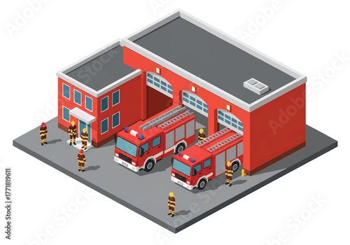 Isometric 3D vector of fire station with firefighters, fire trucks, and rescue equipment, emergency and safety response theme
