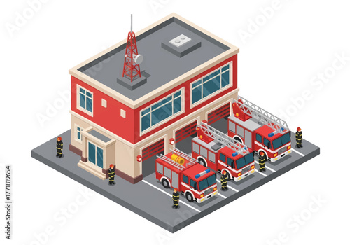 Isometric 3D vector of fire station with firefighters, fire trucks, and rescue equipment, emergency and safety response theme