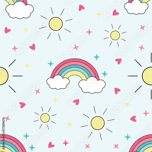 Colorful rainbow cloud and sun seamless pattern design for background, wallpaper, textile design, fabric, wrapping paper, cover, blanket, blanket for kids, decorative. cute dreamy vector pattern