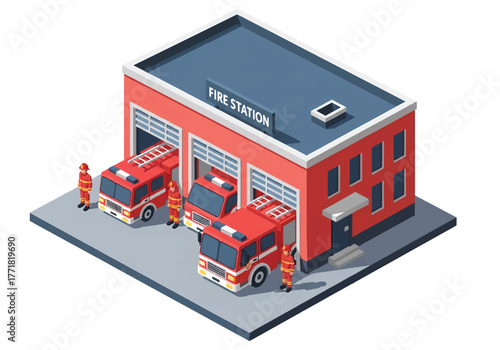 Isometric 3D vector of fire station with firefighters, fire trucks, and rescue equipment, emergency and safety response theme