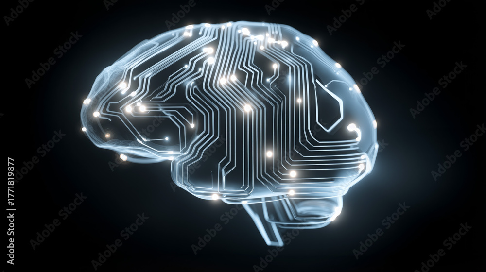 Obraz premium Luminous circuits and energy form an advanced AI brain concept glowing in darkness