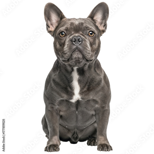 Brindle french bulldog sitting isolated on transparent background