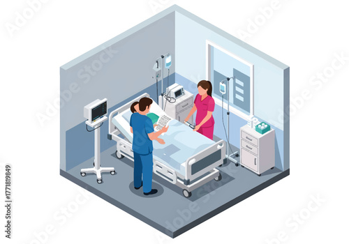 Isometric vector of hospital interior with healthcare workers and patients, modern medical service illustration
