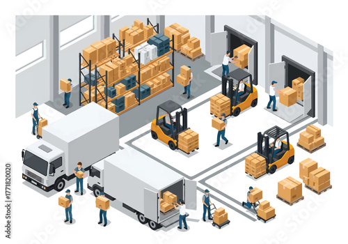 Isometric flat 3D vector of warehouse interior with workers loading boxes, forklifts, and delivery trucks, logistics and management theme