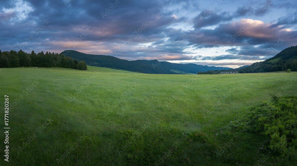 Fototapeta premium Expansive green meadow under a dramatic cloudy sky with lush mountains and forest at dusk
