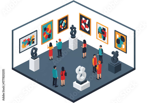 Isometric 3D flat vector of museum art exhibition with visitors viewing artworks, creativity and culture illustration