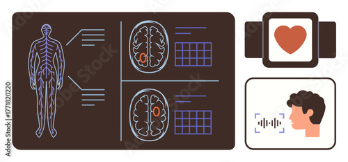 Nervous system diagram, detailed brain scans, heart monitor smartwatch, voice recognition technology. Ideal for medicine, healthcare, anatomy, diagnostics, AI in healthcare wearable technology