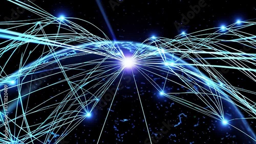 Global network visualization with glowing blue lines connecting points and continents across digital world map, representing data flow, technology