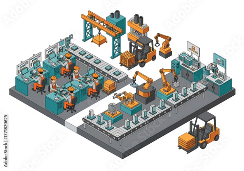 Isometric vector of modern factory with workers assembling products on conveyor belts, robotic arms, and packaging stations, manufacturing and automation theme