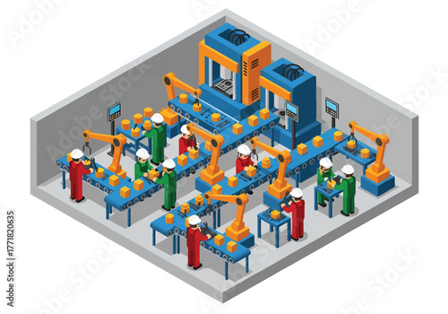 Isometric vector of modern factory with workers assembling products on conveyor belts, robotic arms, and packaging stations, manufacturing and automation theme